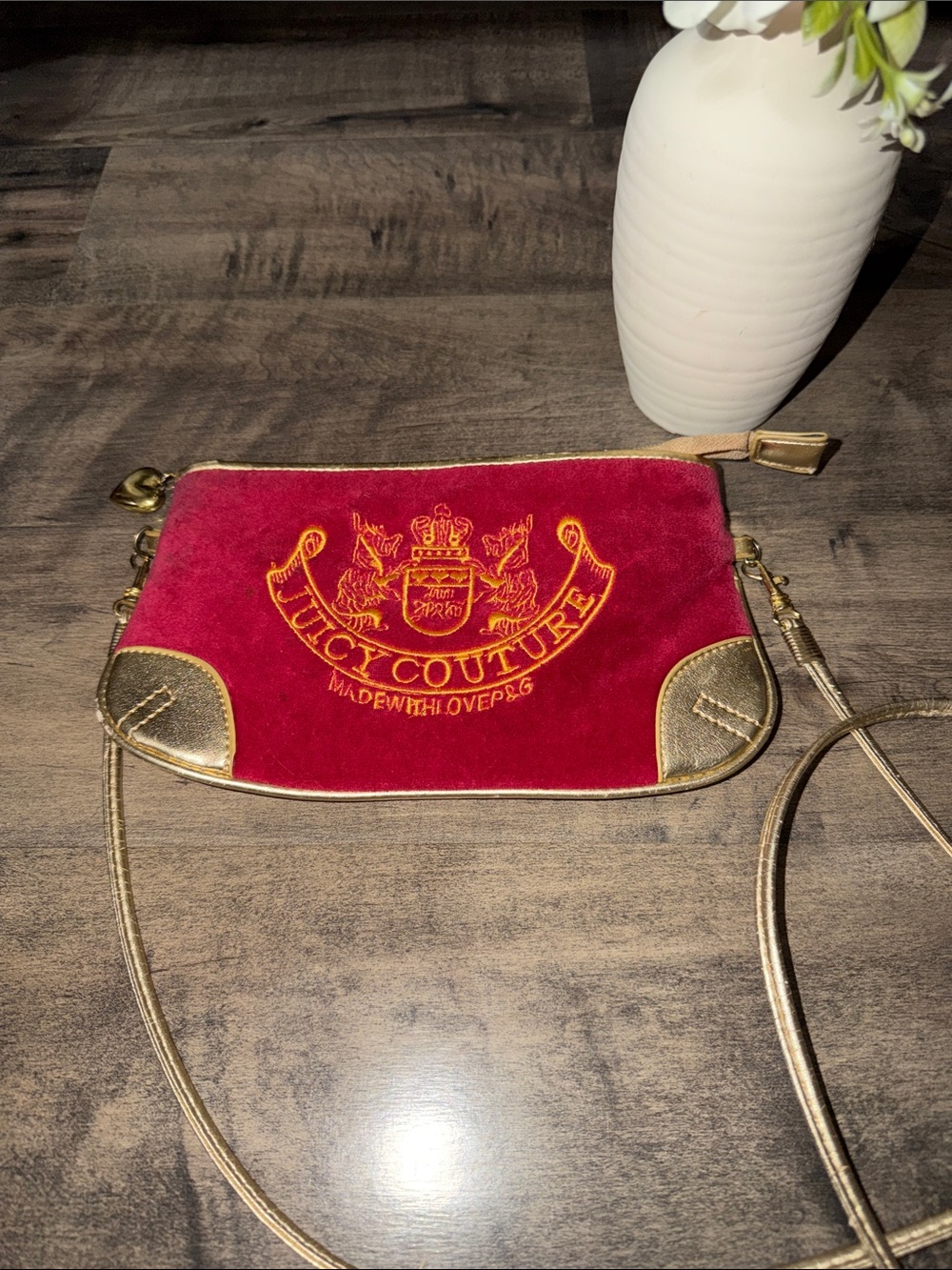 Juicy Couture Red Velvet Crossbody with Gold Trim and Crest